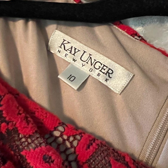 KAY UNGER RED FLORAL LACE ILLUSION RUCHED COCKTAIL DRESS - Picture 6 of 13